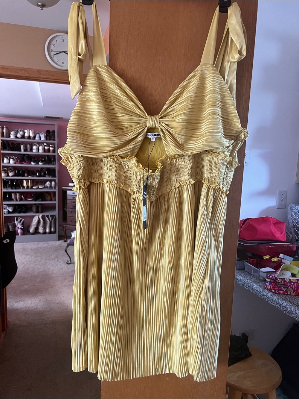 Fashion Nova Yellow Pleated Tie-Shoulder Mini Dress
